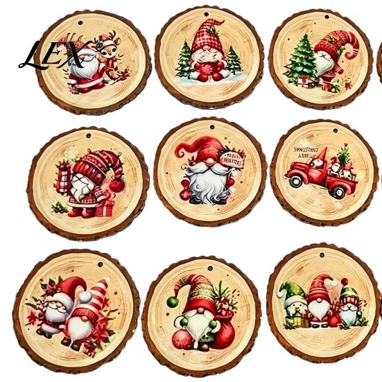 Natural Log Hanging Decor 12/24/36Pcs Christmas Gnome Wooden Ornaments, Round Wood Slice Decorations, Santa Texture Ornaments Print Designs