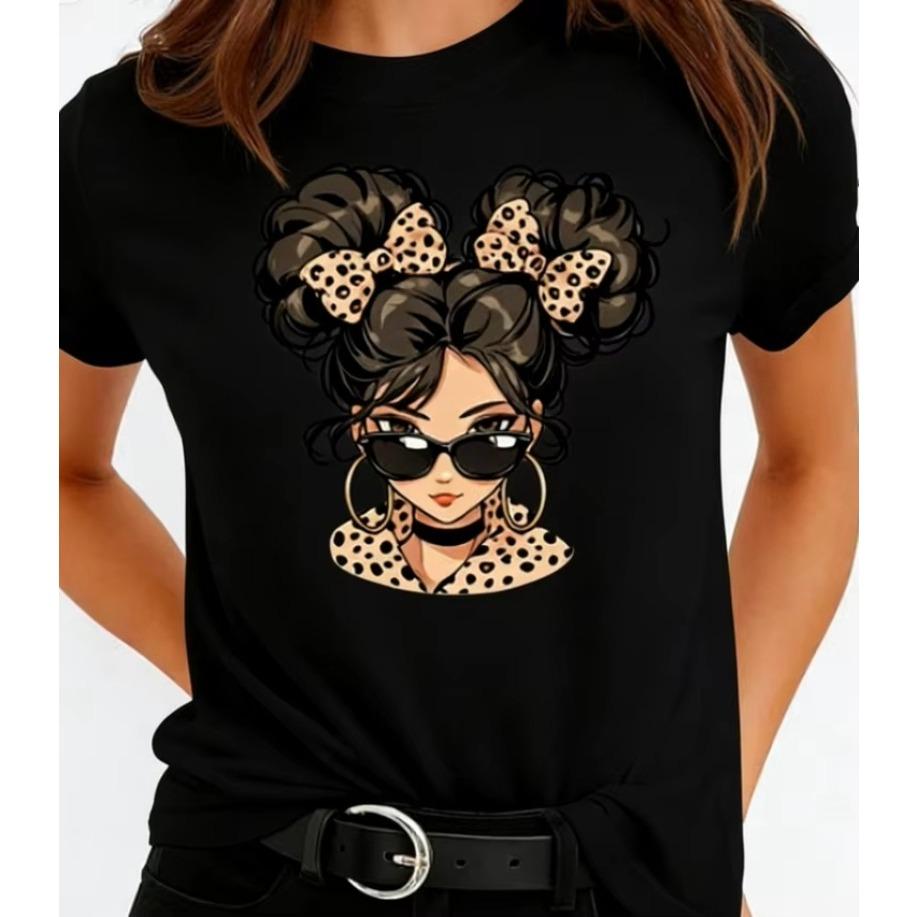 Unisex Tshirt Cool Leopard Print Girl Portrait Graphic Tee Crew Neck Short Sleeve Stylish Sunglass Lady Art Casual Street Top