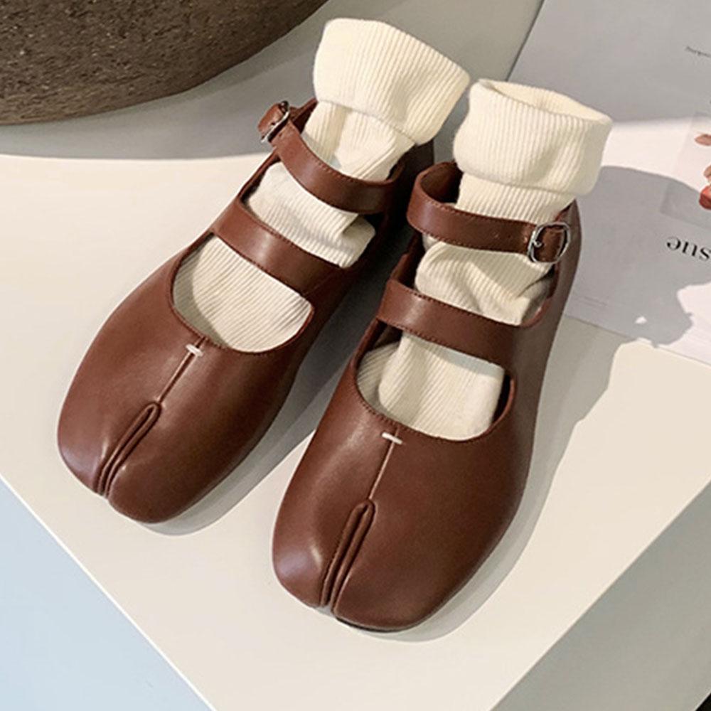 Туфли Мэри Джейн с раздельным носком для женщин Туфли-таби на квадратном каблуке Лоферы Весна-Лето Мягкие женские туфли-лодочки из кожи