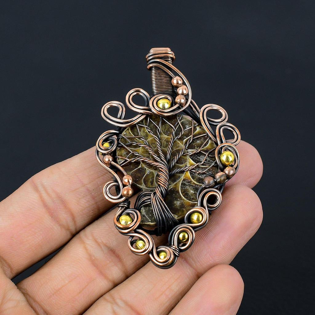 Tree Of Life Ammonite Fossil Gemstone Handmade Copper Wire Wrap Jewelry Pendant