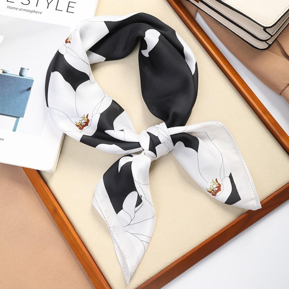 Trendy Square Silk Scarf Double Sides Black White Head Handkerchief 70*70cm Handbag Wraps Hair Scarf Female