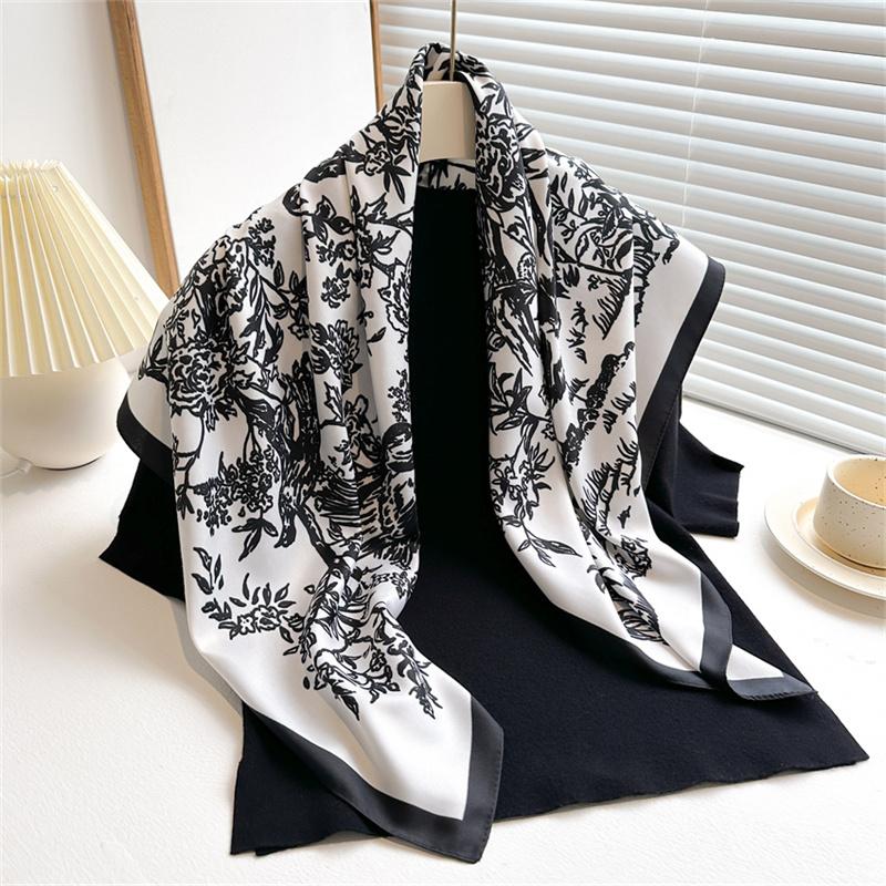 Ink Painting Silk Scarf 90cm Twill Scarves Large Square Sunscreen Shawl Headscarf for Women Hijab Luxury Bufanda Foulard