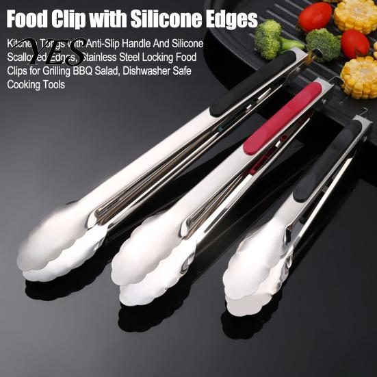 Anti-slip Kitchen Tongs with Anti-Slip Handle And Silicone Scalloped Edges, Stainless Steel Cooking Thumb Rest Locking Food Clips for Grilling