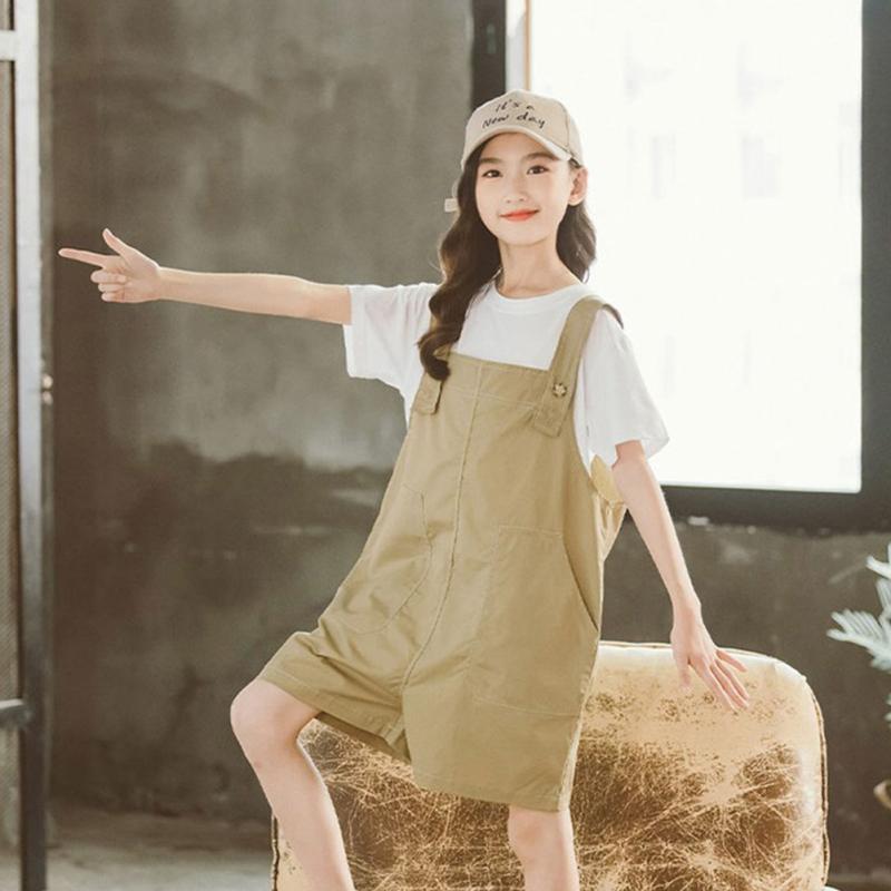 Детский костюм из 2 шт./компл., хлопковый однотонный топ с короткими рукавами + брюки-комбинезон, костюм для детей 7-12 лет