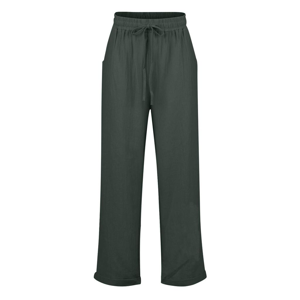 Женские летние свободные брюки с девятью точками, однотонные хлопковые и льняные широкие брюки с эластичной резинкой на талии