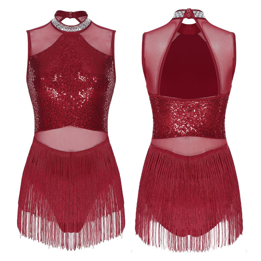 Женское блестящее трико со стразами и бахромой, сетчатое лоскутное платье с блестками для танцев, костюм для латинского танго, румбы, ча-ча