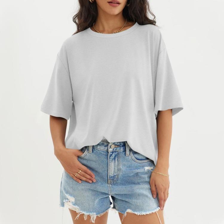 Solid Color Round Neck Top Women Casual Three Half Sleeve Fashionable