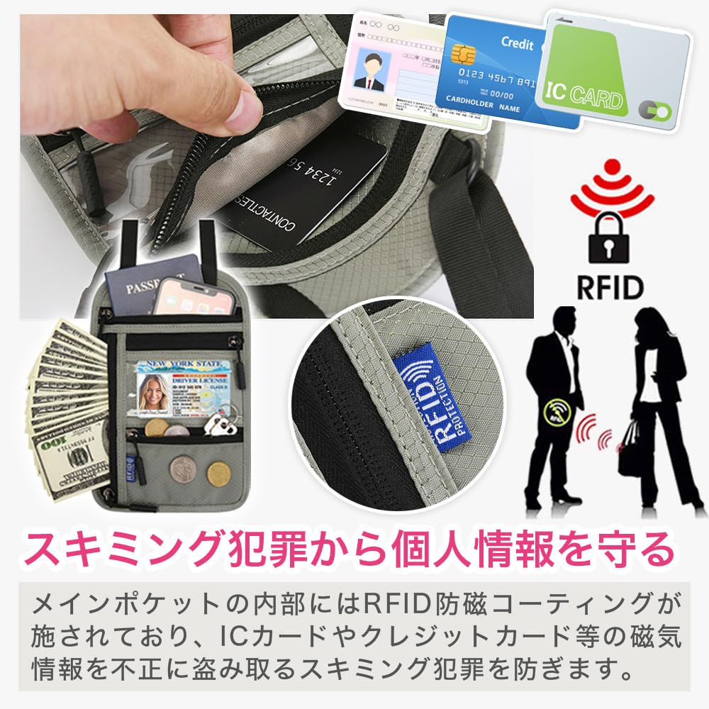 VOLAN Многофункциональная шейная сумка-кошелек для путешествий с RFID-защитой для паспорта, Держатель с защитой от скимминга, Блокировка, (Светло-серый)