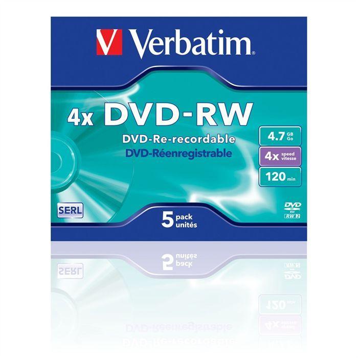 DVD-RW VERBATIM - Pack De 5 - 4x - 4,7 Go - Boîtier Crystal