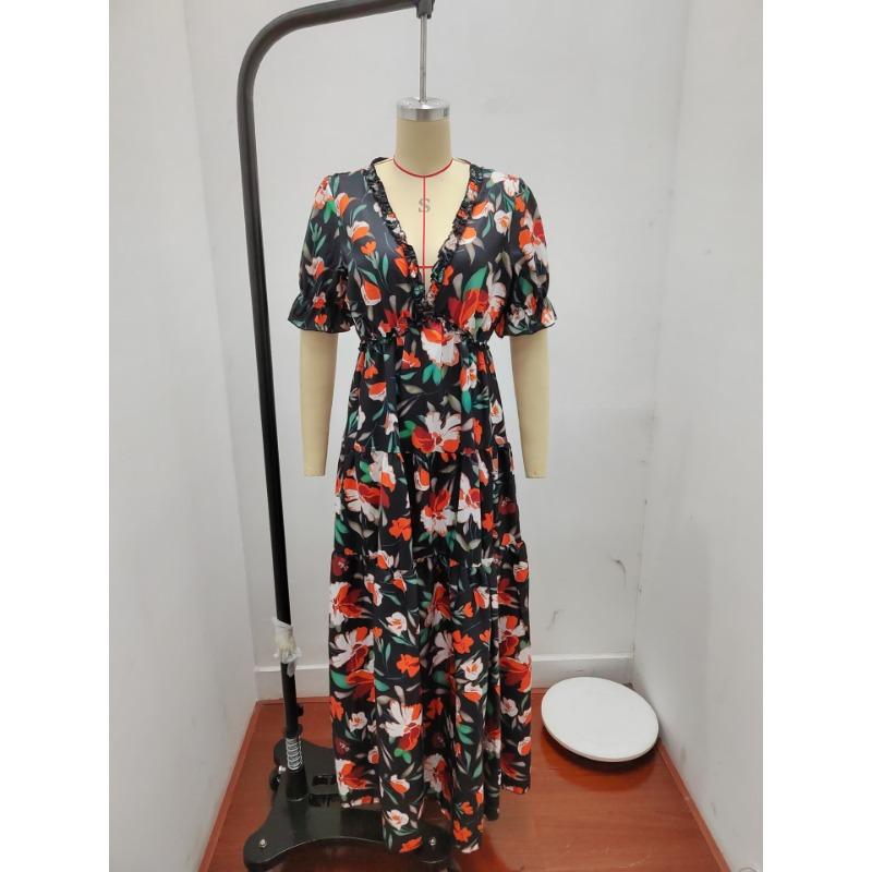 Summer Women's Printed Short Sleeve Dress V-Neck Waist Slim Loose Swing Long Dresses