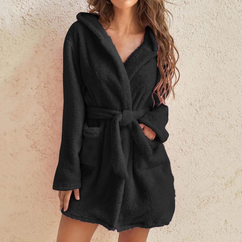 Women's Plush Hooded Bathrobe - Solid Color, Warm Pajamas for Autumn and Winter
