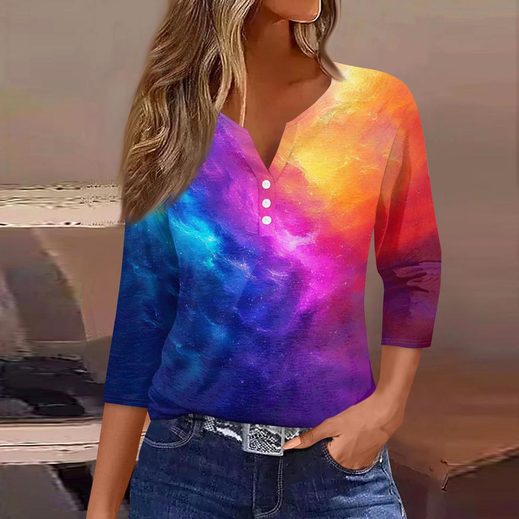 Жен. Футболка Футболка С принтом Пуговицы Рукав 3/4Ежедневно Выходные Мода Классический Топ с v-образным вырезом Обычный