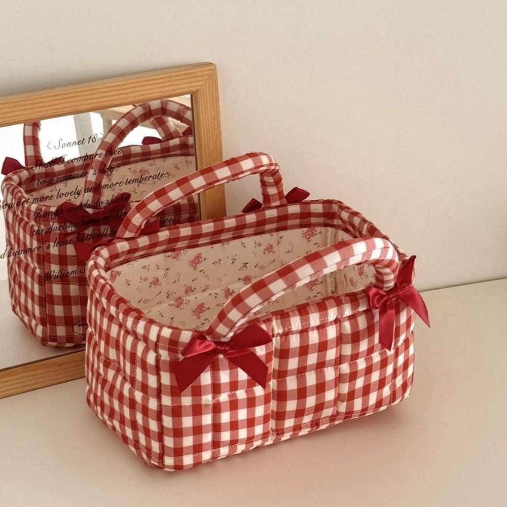 Plaid Design Quilted Storage Basket Cotton Desktop Organizer For Desktop Cosmetic Storage