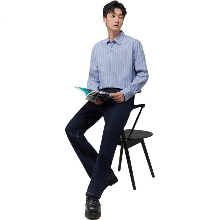CABBEEN Blue and White Striped Cotton Fabric Men's Shirt LOGO High-Frequency Design Autumn Long Sleeve Casual Shirt