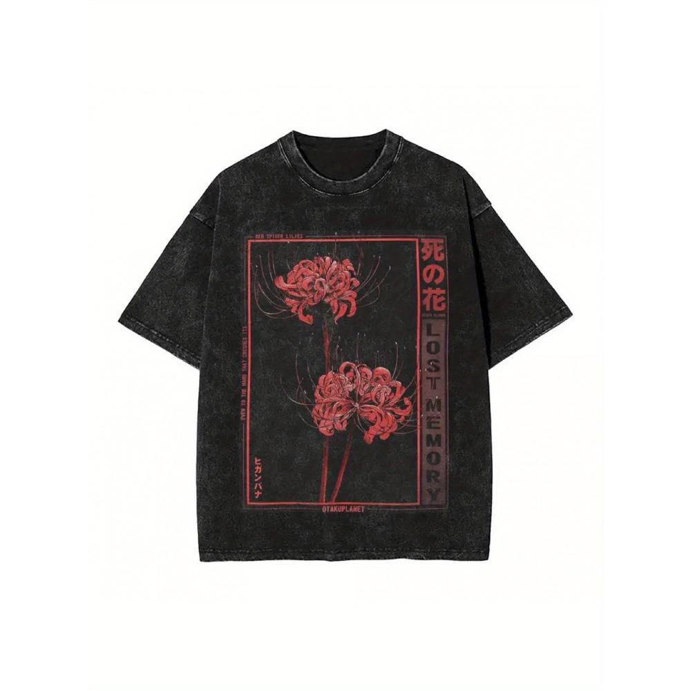 Japanese Spider Lily Soft Grunge Flower Anime Aesthetic Washed T-Shirt Aesthetics Cosas Clothing Shirts