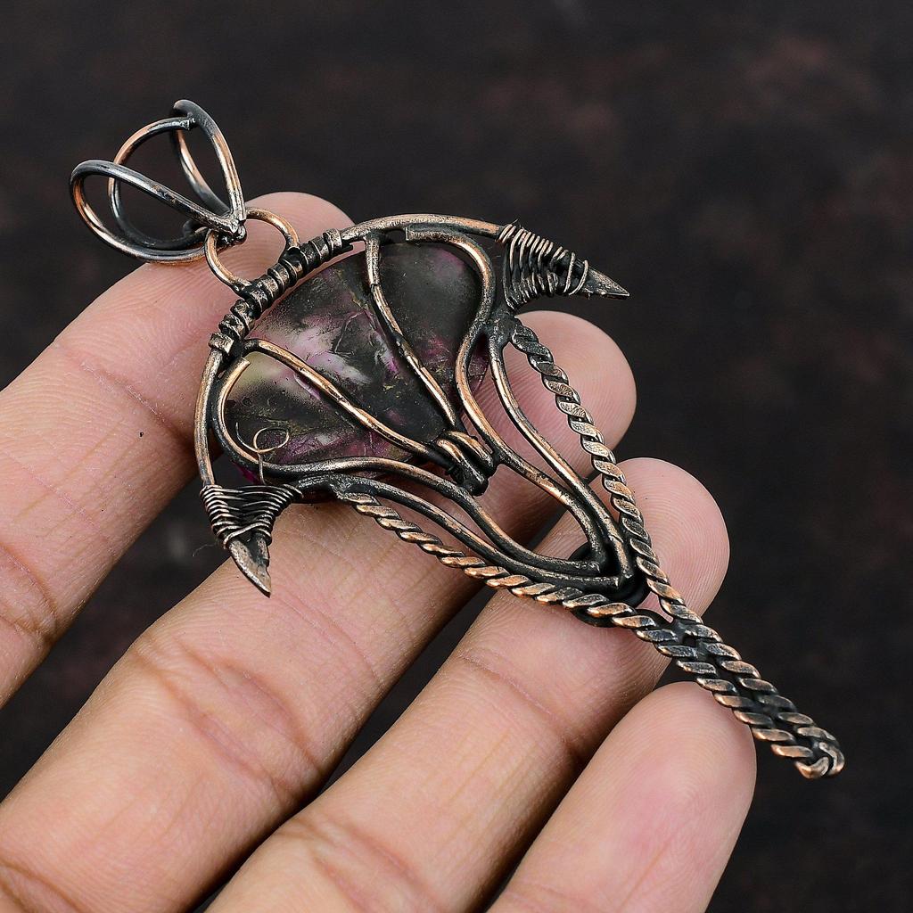 Натуральный Кингман Розовый Георгин Бирюзовый Кулон Обмотанный Медной Проволокой Кулон из Драгоценного Камня Кулон в Этническом Стиле Ручная Работа Медные Украшения Подарок для Нее