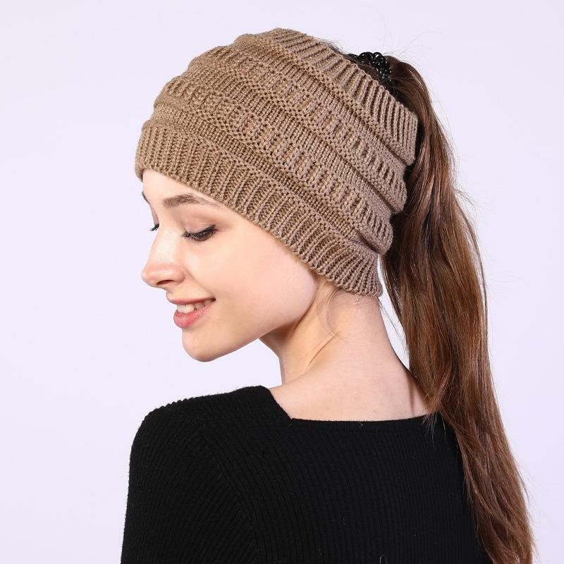 Ladies Knitted Hats Headband Autumn Winter Hats Widened Face Maskvempty Top Ponytail Woolen Hats & Caps