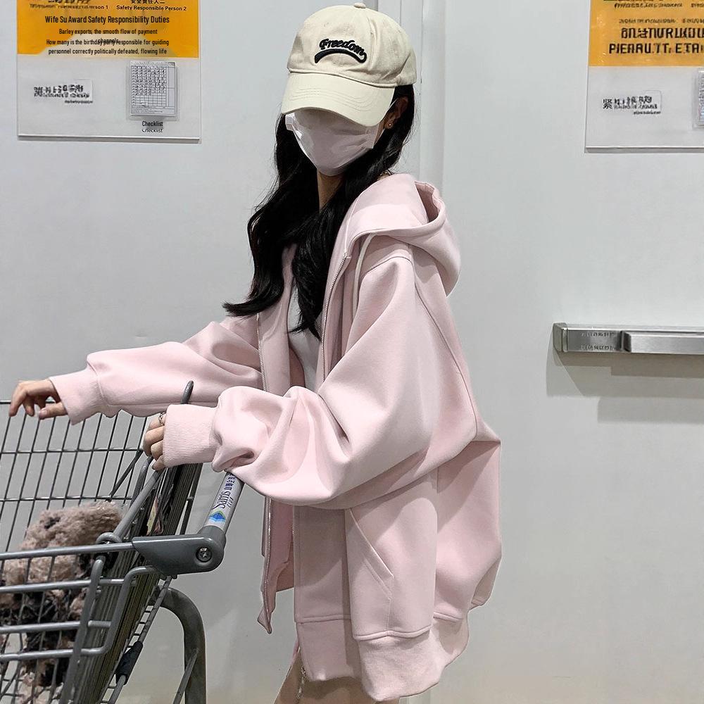 Новая коллекция 2025 года: розовая толстовка с капюшоном и кардиган в корейском стиле для женщин — легкий, свободный крой, идеально подходит для ранней осени/весны.
