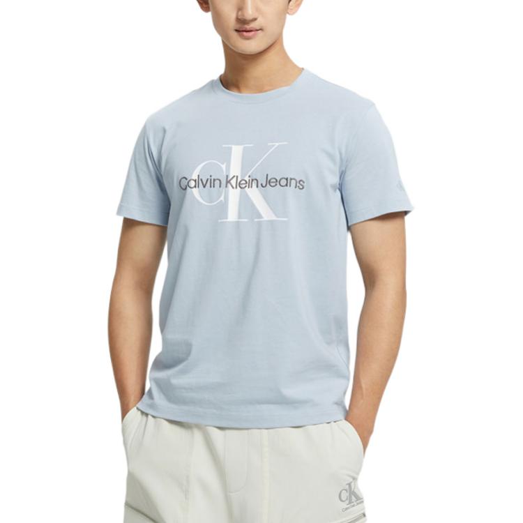 Calvin Klein Хлопковая футболка с круглым вырезом и буквенным принтом, мужские топы, небесно-голубой J320770-C1U