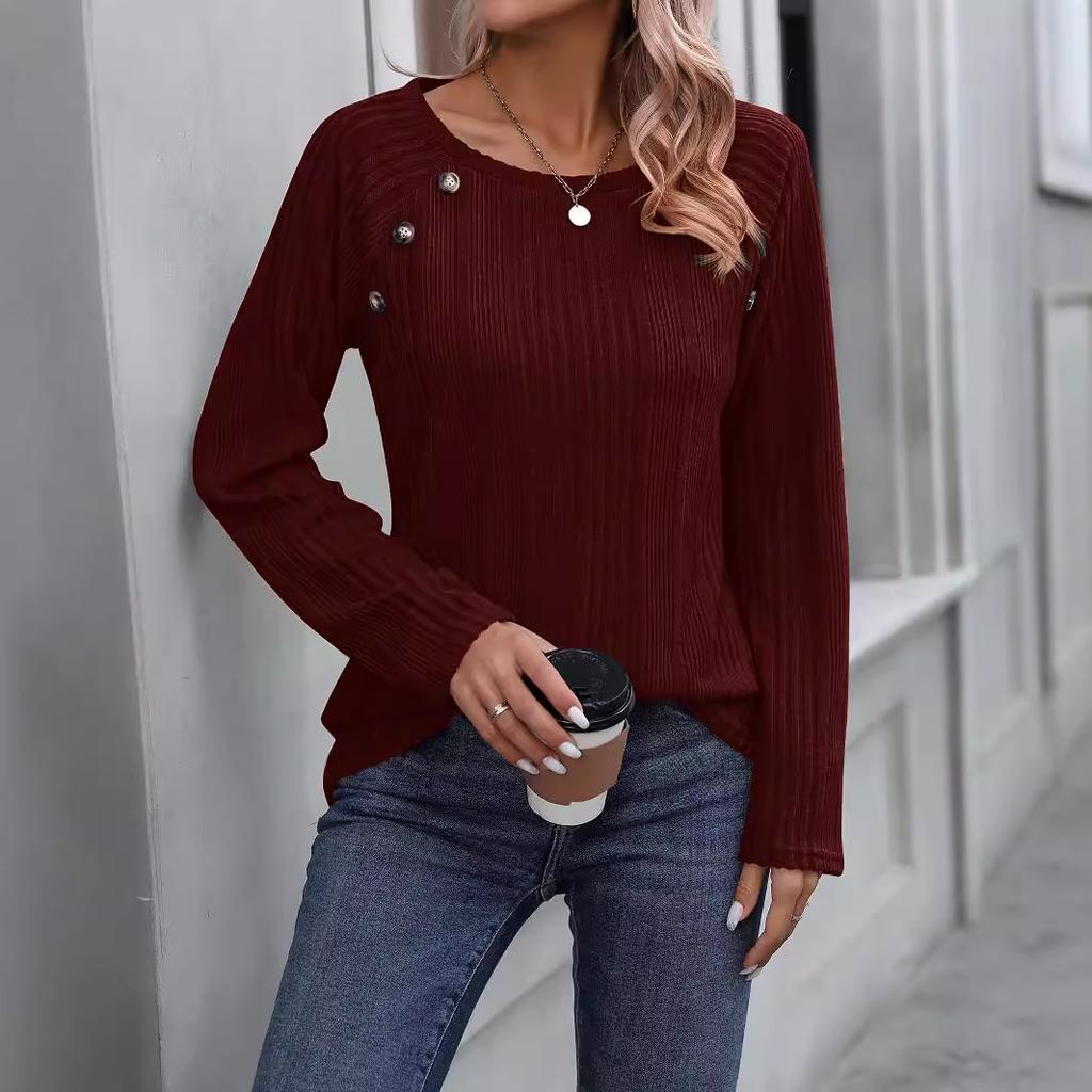 Autumn and Winter Women's Pit Stripe Milled Round Neck Solid Colour Button Long Sleeve Top