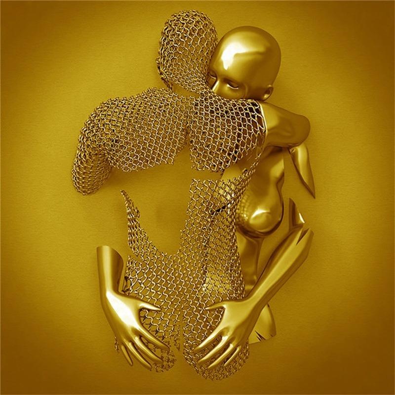 Золотая металлическая фигура статуя обнимает художественный постер, украшение дома, высокое разрешение, покраска распылением, безрамная основа для холста