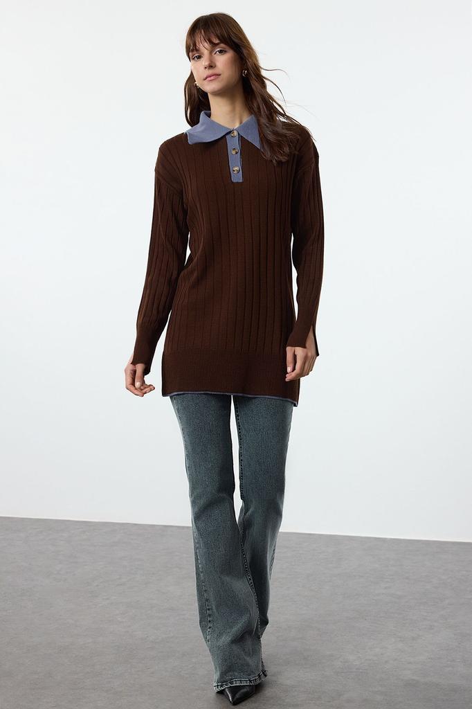 Women's Fashionable Stylish Hijab Sweater Brown Blue Color Block Corduroy Knitwear Sweater