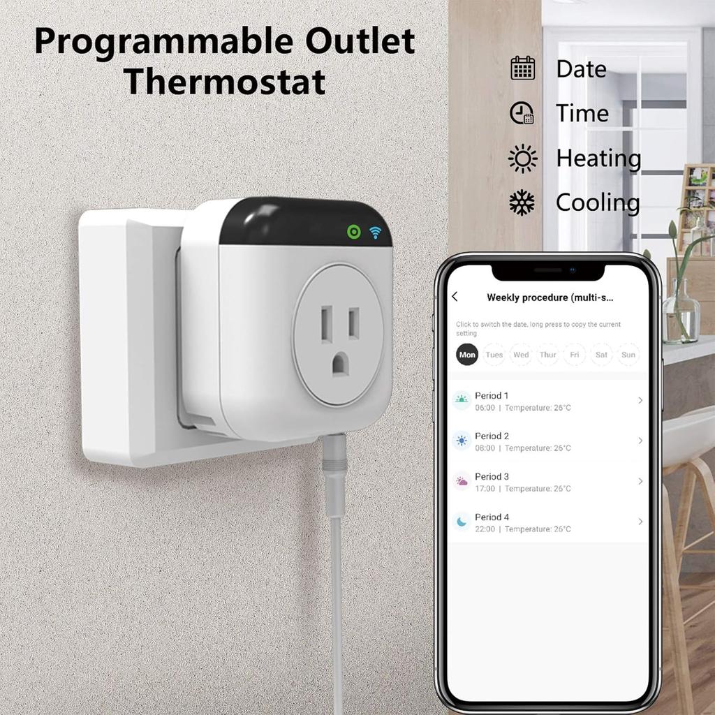 Programmable Smart WiFi Thermostat Plug Outlet, Wireless Electric Plug-in Temperature Controller with App Remote Control. Compatible with Alexa and