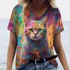 Women's T-Shirt Summer Colorful Cat Print Casual Clothing V-Neck Short Sleeve Tee for Women Animal Graphic Tops Streetwear Tops