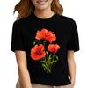 Fashion Red Poppy Unisex T Shirt Beauty Flower Print Black Top Tee FeUnisex Summer Short Sleeve Tshirt Harajuku Floral Girl T-shirt