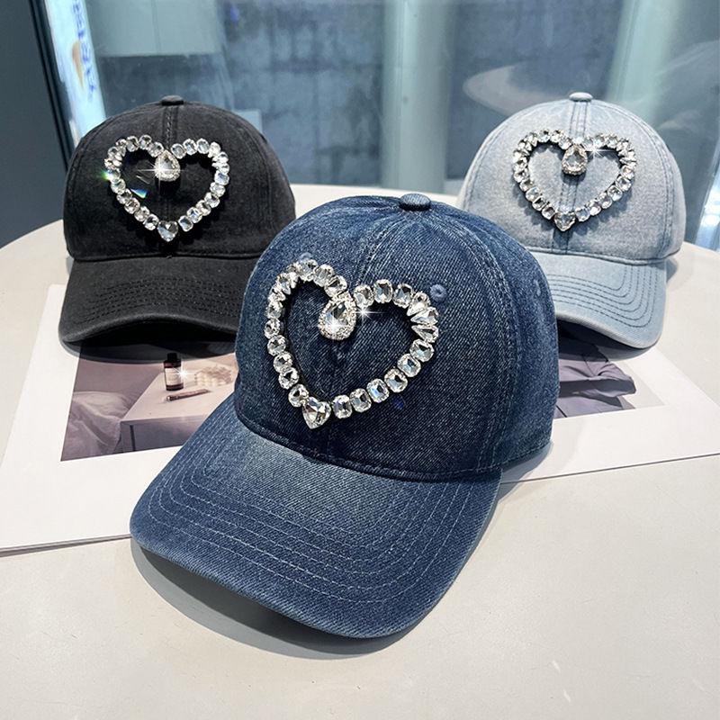 New Washed Denim Baseball Cap Women's Spring and Autumn Korean Version Fashion Love Rhinestone Cap