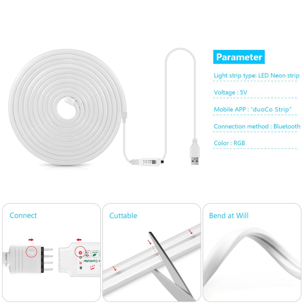 USB 5V RGB Неоновая светодиодная лента Водонепроницаемая неоновая лента Силиконовая трубка со светодиодным контроллером с Bluetooth-приложением для декора спальни