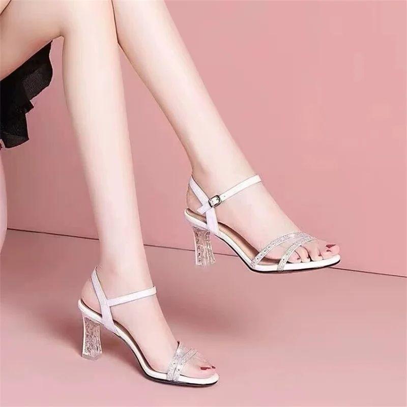 Модные женские сандалии на высоком каблуке из прозрачного хрусталя 2024 Лето Квадратный носок С пайетками Элегантный сказочный стиль До щиколотки Черные туфли для вечеринки