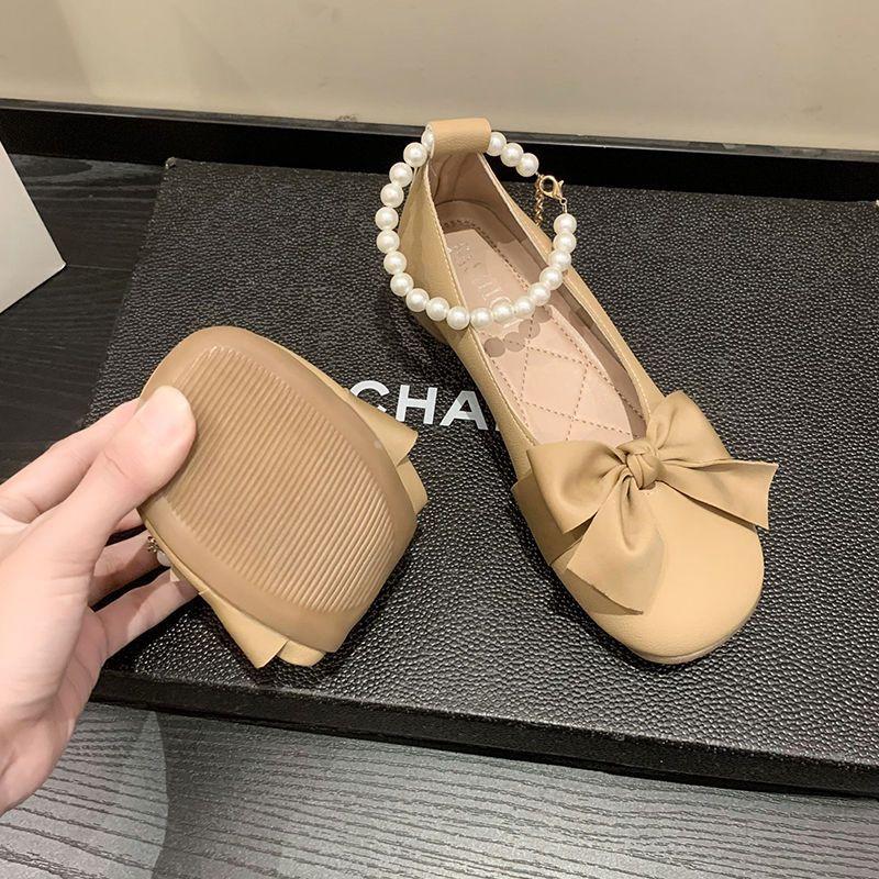 Французские туфли Мэри Джейн женские 2025 лето новые милый бантик толстый каблук жемчуг с юбкой маленькие кожаные туфли