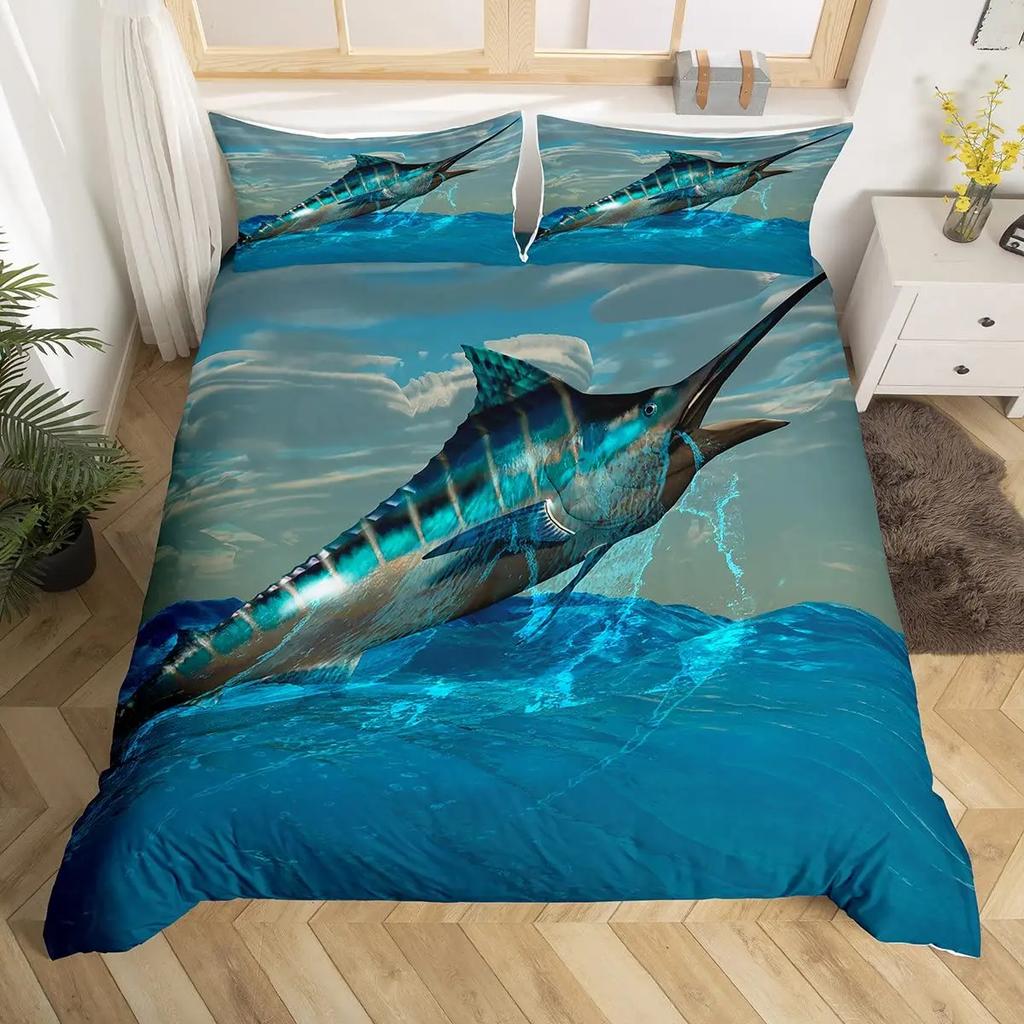 Marlin Swordfish Duvet Cover Set Hunting Fishing Bedding Set Tie Dye Sea Fishing Boat Marine Life Nautical Comforter Cover Queen