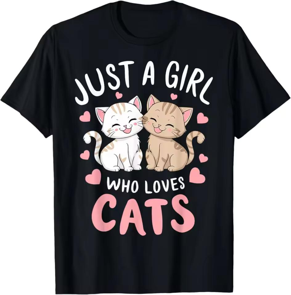 Korean Style Versatile Fashion Retro "Just A Girl Who Loves Cats" T-Shirt Cat Silhouette Graphic Casual Short Sleeve Tee Black