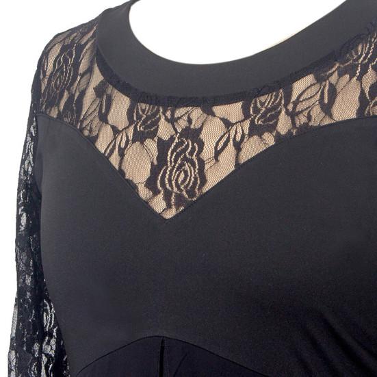 Fall Spring Women Dress See-through Hollow Out Lace Flower Embroidery Three Quarter Sleeve Double Layers Roud Neck Big Swing Plus Size High