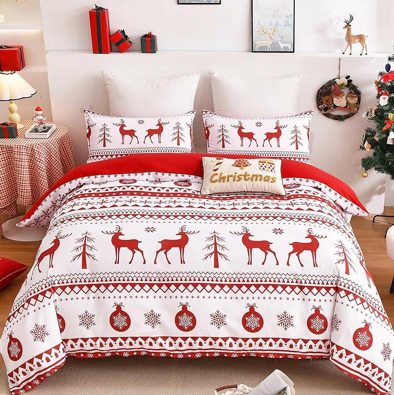 Christmas 3-piece Set With Red Reindeer Snowflake Pattern Decoration, Soft Ultra-fine Fiber Bedding Set