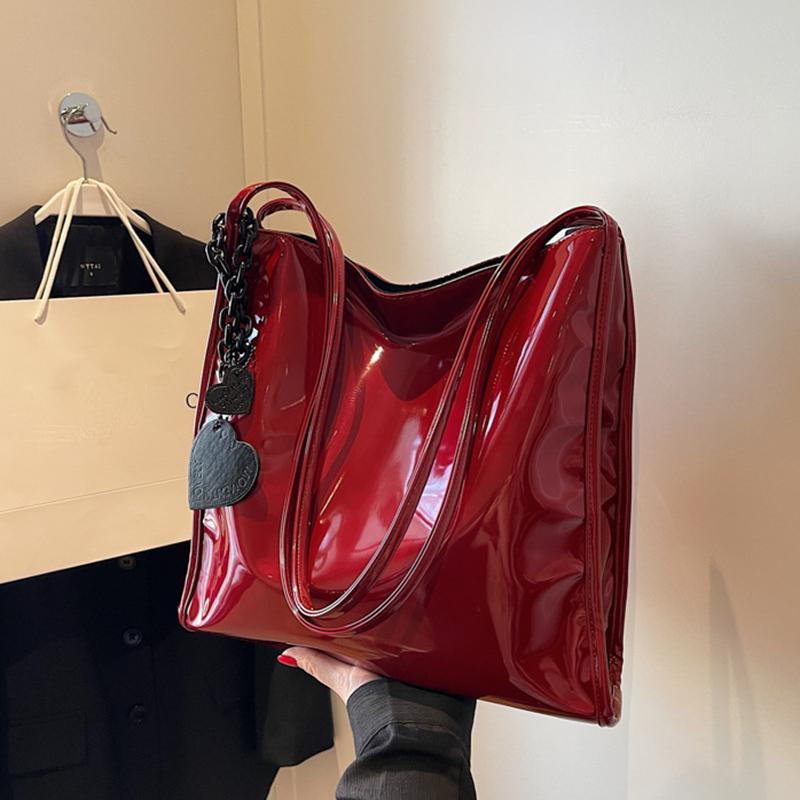 Solid Color Patent Leather Women Fashion Shoulder Bag Ladies Simple Luxury Handbag Purse Casual Travel Shopping Totes