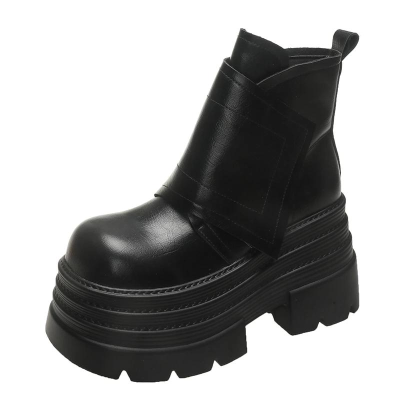 10СМ Женские кожаные ботильоны Осень Зима Каблуки Массивные кроссовки Высокая платформа Молния Мотоциклетные короткие ботинки 2025 Женские Боты