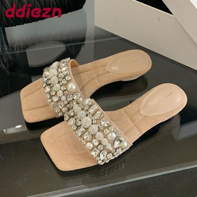 Модная Роскошная Обувь Низкий Каблук Женские Тапочки Хрустальная Обувь Модные Стразы Женские Тапочки на Каблуке Сандалии Женские Слайды Туфли-лодочки
