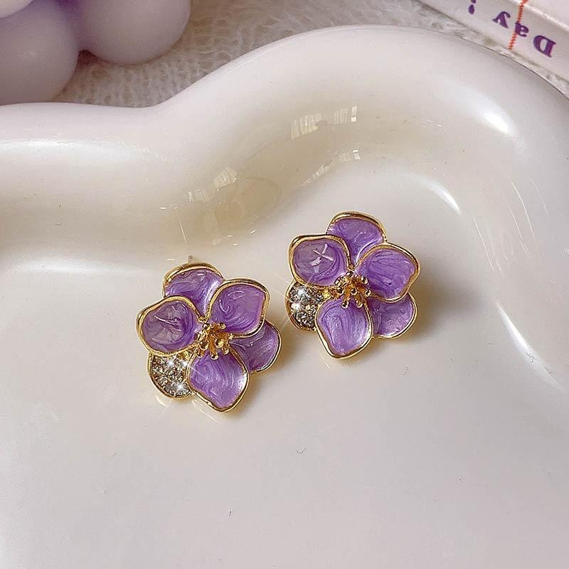 New Fashion Blooming Flowers Stud Earrings for Women Purple Enamel Oil Crystal Earrings Wedding Party Cute Fashion Jewelry Gift