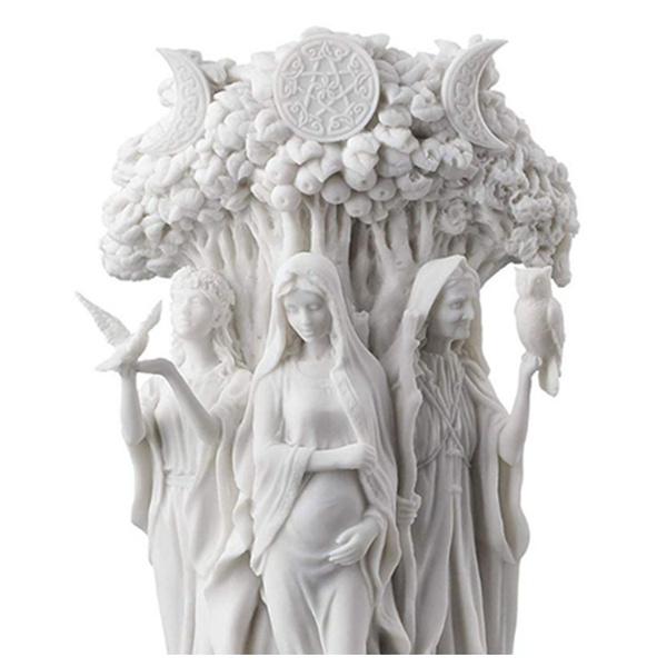 The Triple Goddess Sculpture Celtic Sacred Moon Triple Goddess Mother Maiden Crone Under Tree of Life Statue Hecate Brigid Decor Garden SculptureA