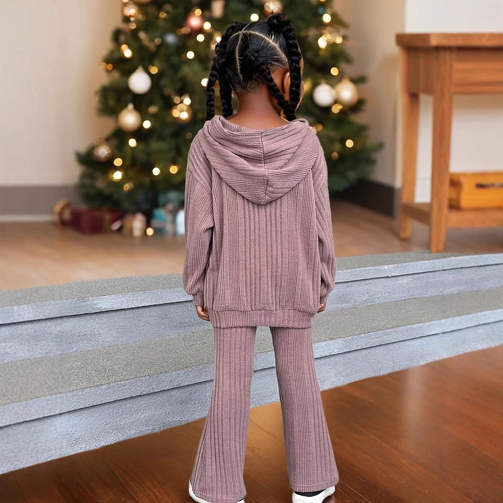 Теплый и удобный эластичный костюм-двойка с капюшоном и расклешенными брюками для девочек, детский повседневный костюм