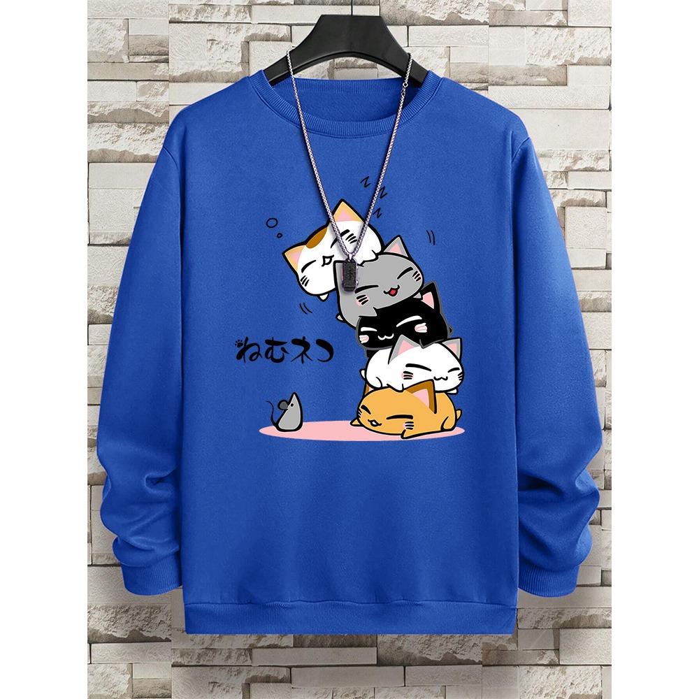 Милые кошки, одежда для сна, мужская толстовка с капюшоном и круглым вырезом, винтажные повседневные свободные толстовки с капюшоном, свободная одежда