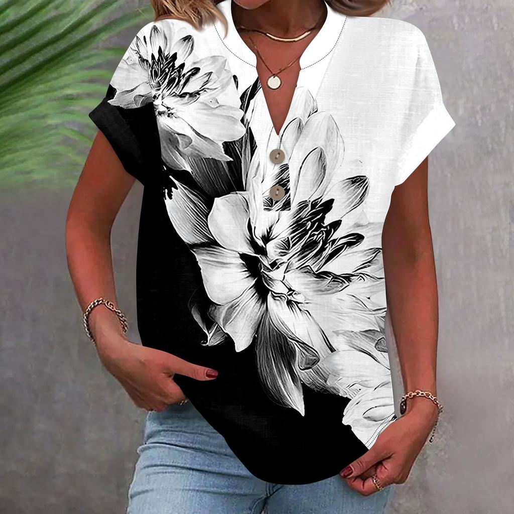 Женская модная повседневная рубашка с v-образным вырезом и коротким рукавом с принтом, футболка на пуговицах, топ