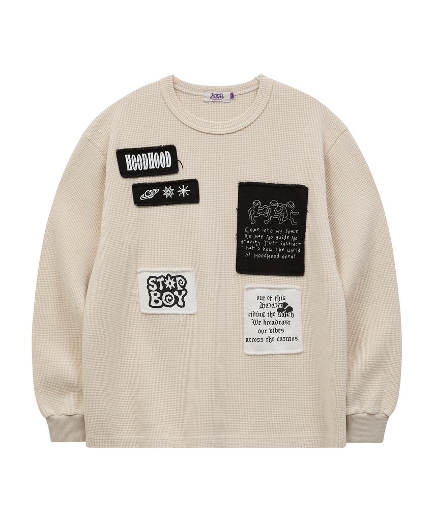 HOODHOOD Patchwork Waffle Long Sleeve T-Shirt Ivory