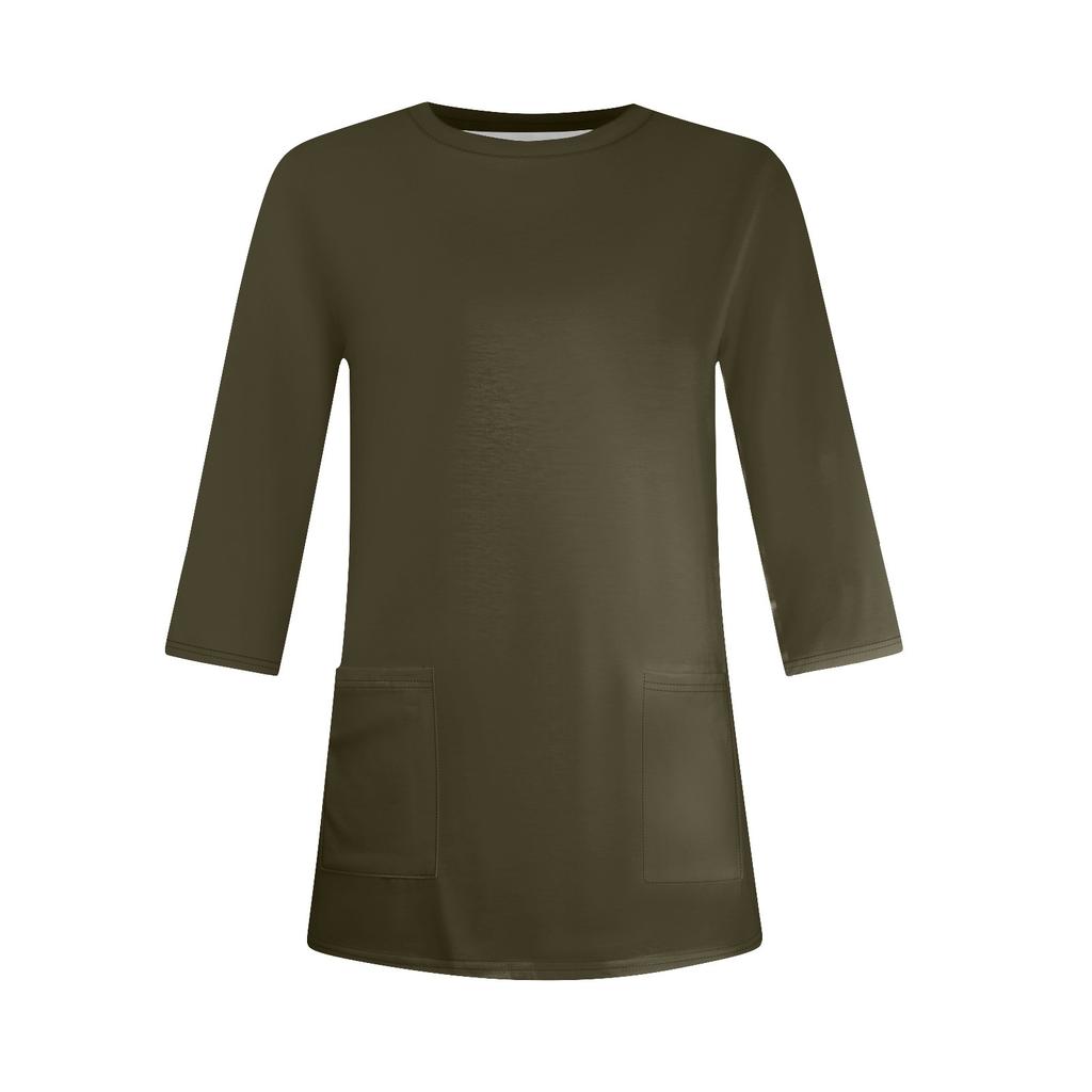 3/4 Sleeve Pocket Tops For Women T-Shirt Casual Print Mid-length Tops T Shirt Round Neck Pullover Blouse