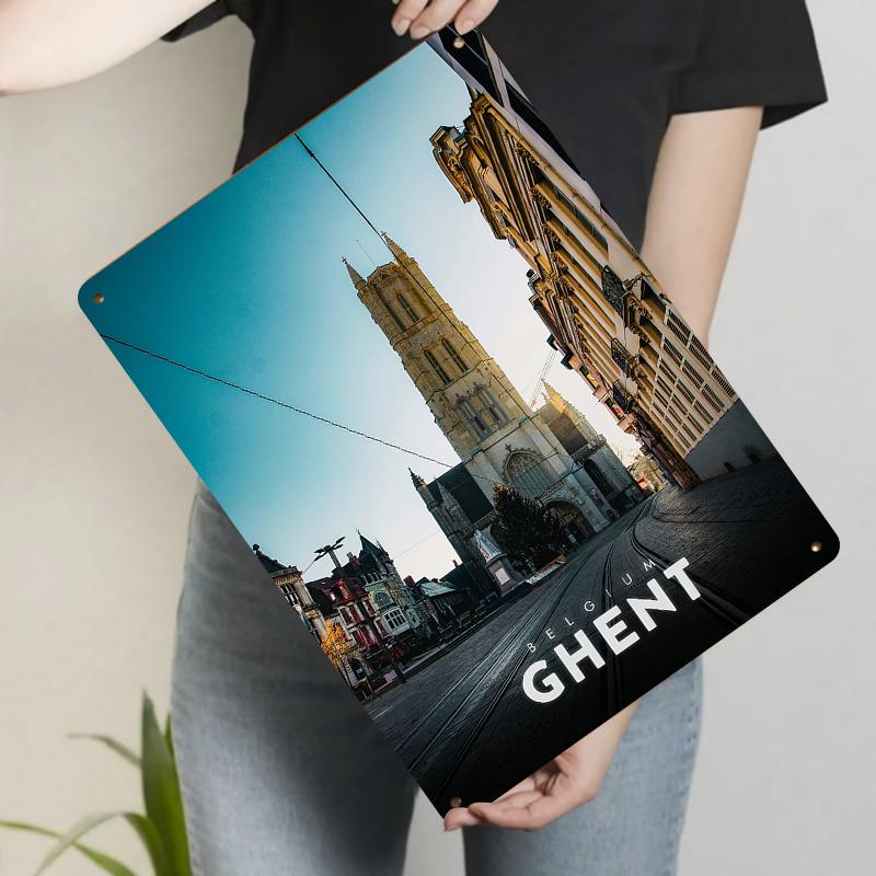 Ghent Belgium Cityscape Metal Wall Art European Church Architecture Decorative Painting for Living Room