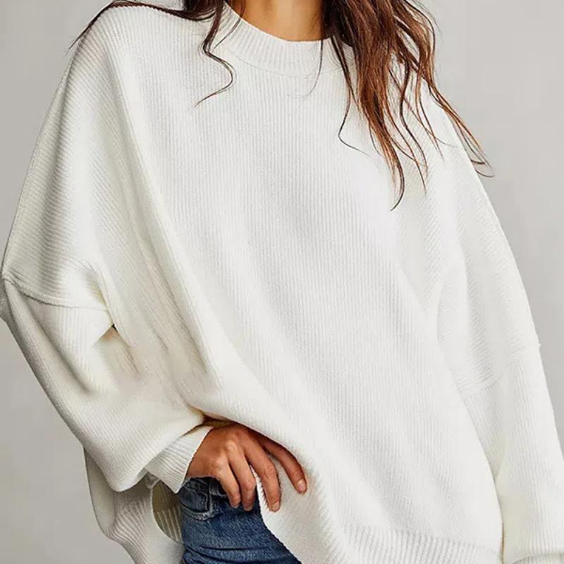 Женские свитера оверсайз «летучая мышь» 2025 Осенние наряды Модные вязаные топы-пуловеры с круглым вырезом и боковыми разрезами