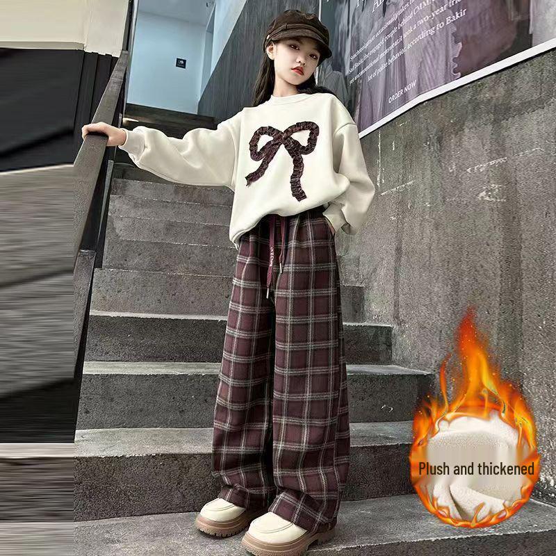 Модный клетчатый брючный костюм для девочек и толстовка с бантом - Осень/Зима 2025
